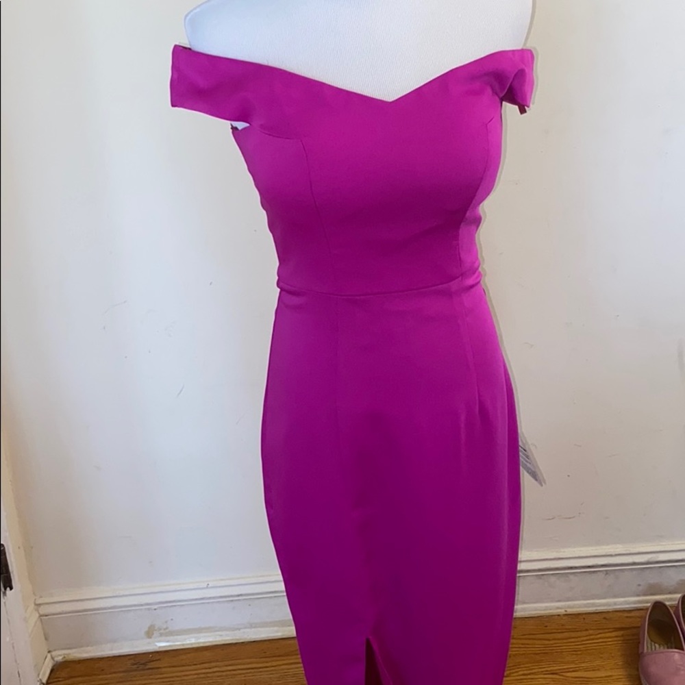 Magenta off the shoulder evening gown
